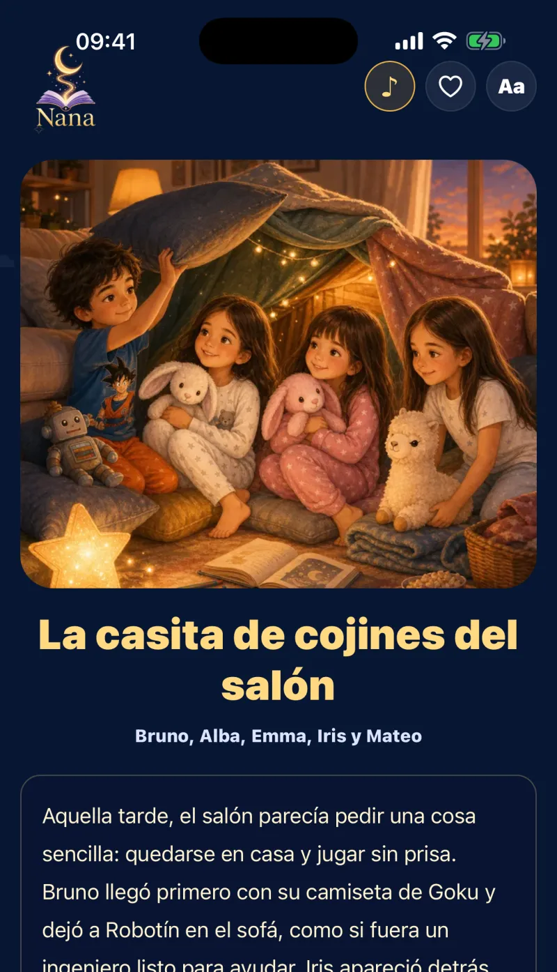 Un cuento abierto en Nana Cuentos, con su portada ilustrada y el texto personalizado