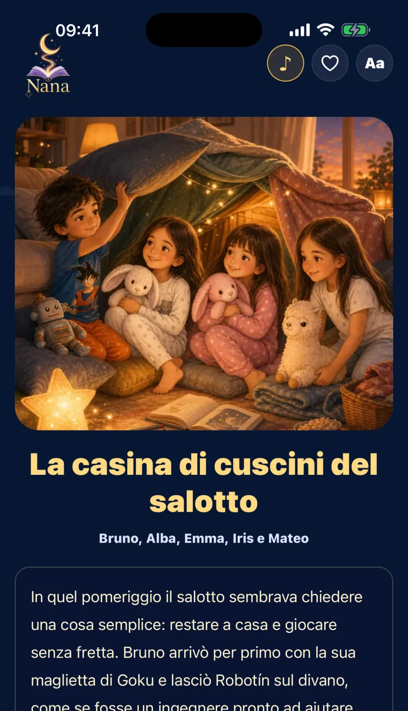 Una storia aperta in Nana Cuentos, con la copertina illustrata e il testo personalizzato